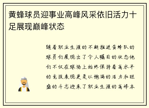 黄蜂球员迎事业高峰风采依旧活力十足展现巅峰状态