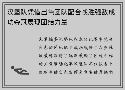 汉堡队凭借出色团队配合战胜强敌成功夺冠展现团结力量